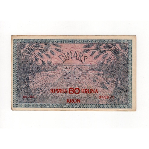 1071 - Yugoslavia 80 Kronen overprint on 20 Dinars dated 1st February 1919, serial No. 045805 (Pick18) VF+