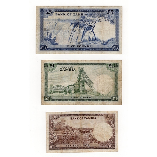 1077 - Zambia (3), 5 Pounds, 1 Pound and 10 Shillings issued 1964, serial C/3 440624, B/11 021607 & A/1 113... 