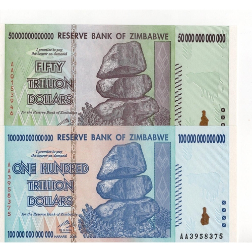 1080 - Zimbabwe (2), 100 Trillion Dollars & 50 Trillion Dollars dated 2008, the two highest denominations i... 