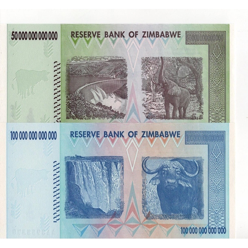 1080 - Zimbabwe (2), 100 Trillion Dollars & 50 Trillion Dollars dated 2008, the two highest denominations i... 