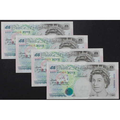 113 - Kentfield 5 Pounds (B363) issued 1993 (4), all FIRST RUN 'AA01' prefix notes, including a consecutiv... 