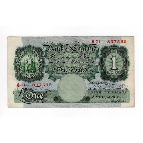 126 - Mahon 1 Pound (B212) issued 1928, very rare FIRST RUN, serial A01 837595 (B212, Pick363a) pressed Fi... 