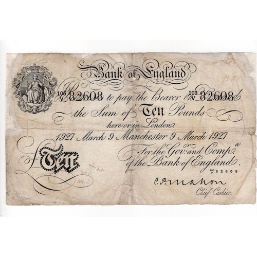 127 - Mahon 10 Pounds (B216f) dated 9th March 1927, scarce MANCHESTER branch note, serial 103/V 82608 (B21... 