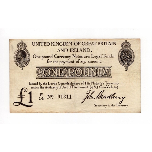 20 - Bradbury 1 Pound (T11.1) issued 1914, serial F/14 01311 (T11.1, Pick349a) VF