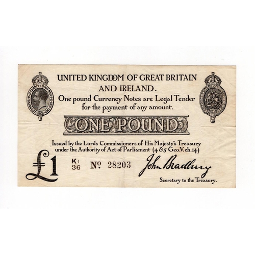 21 - Bradbury 1 Pound (T11.2) issued 23rd October 1914, serial K1/36 28203 (T11.2, Pick349a) pinholes, ab... 