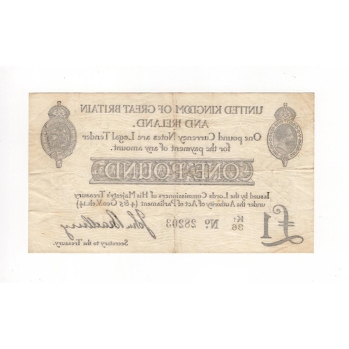 21 - Bradbury 1 Pound (T11.2) issued 23rd October 1914, serial K1/36 28203 (T11.2, Pick349a) pinholes, ab... 