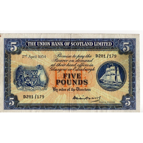 512 - Scotland, Union Bank 5 Pounds dated 2nd April 1954, scarce LAST DATE of issue, signed William Watson... 