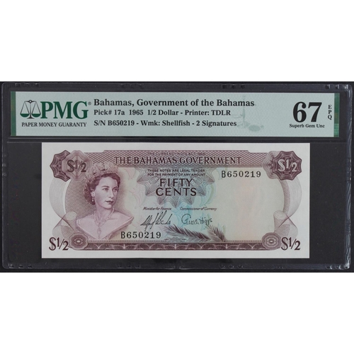 539 - Bahamas 50 Cents (1/2 Dollar) dated Law 1965, serial B650219 (TBB B116a, Pick17a) in PMG holder grad... 