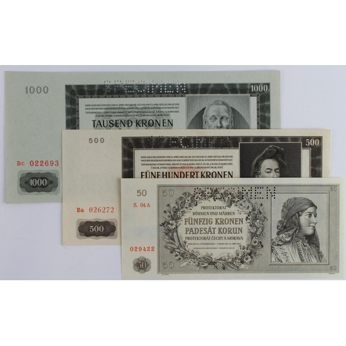 561 - Bohemia & Moravia (3), a set of SPECIMEN notes, 1000 Korun dated 1942 2nd Auflage, 500 Korun dated 1... 