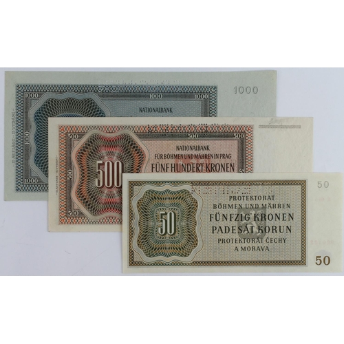 561 - Bohemia & Moravia (3), a set of SPECIMEN notes, 1000 Korun dated 1942 2nd Auflage, 500 Korun dated 1... 