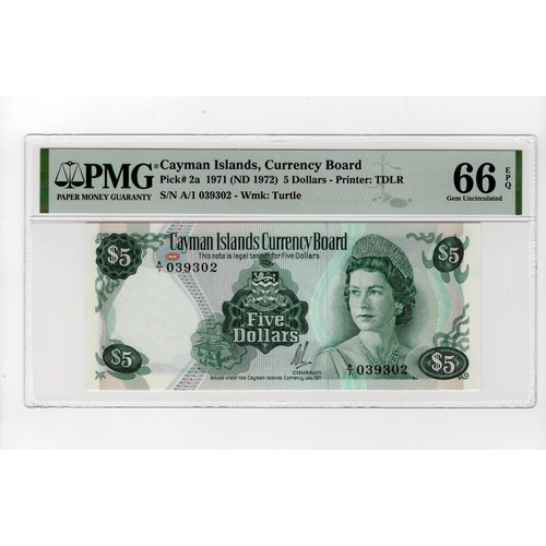 581 - Cayman Islands 5 Dollars dated 1971 (issued 1972), portrait Queen Elizabeth II at right, serial A/1 ... 