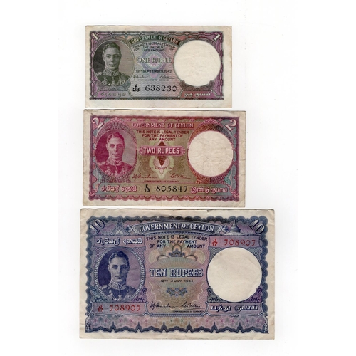 586 - Ceylon (3), 10 Rupees dated 12th July 1944, Temple of Tooth on reverse (TBB B229d, Pick36Aa), 2 Rupe... 