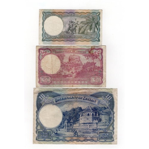 586 - Ceylon (3), 10 Rupees dated 12th July 1944, Temple of Tooth on reverse (TBB B229d, Pick36Aa), 2 Rupe... 