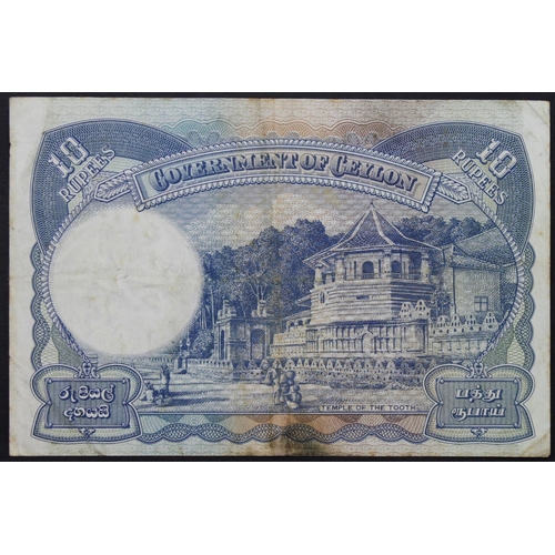 589 - Ceylon 10 Rupees dated 12th July 1944, portrait King George VI at left, Temple of Tooth on reverse, ... 