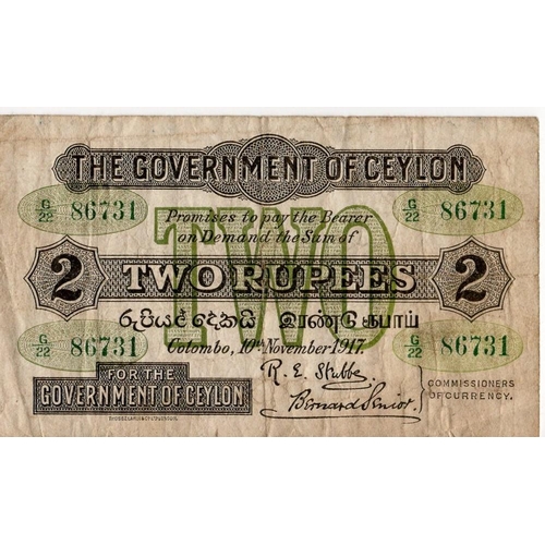 590 - Ceylon 2 Rupees dated 10th November 1917, serial G/22 86731 (TBB B213a, Pick18) small holes/splits, ... 