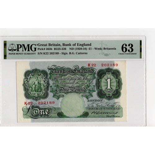 63 - Catterns 1 Pound (B225) issued 1930, serial K22 202189 (B225, Pick363b) in PMG holder graded 63 Choi... 