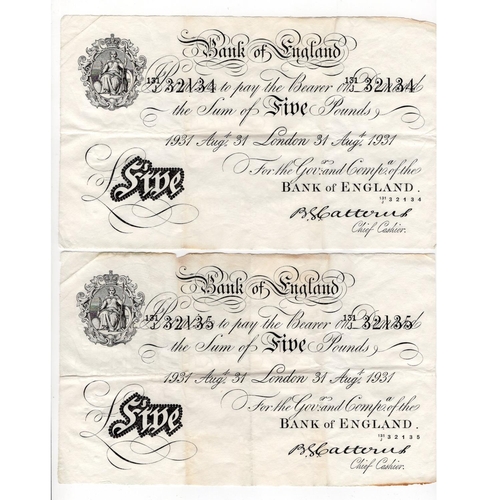 66 - Catterns 5 Pounds (2) dated 31st August 1931, a consecutively numbered pair, serial 131/J32134 & 131... 