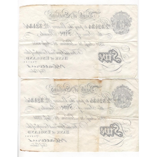 66 - Catterns 5 Pounds (2) dated 31st August 1931, a consecutively numbered pair, serial 131/J32134 & 131... 