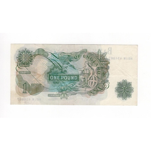 76 - Fforde 1 Pound (B308) issued 1967, exceptionally rare FIRST RUN REPLACEMENT note 'N01M' prefix, scar... 