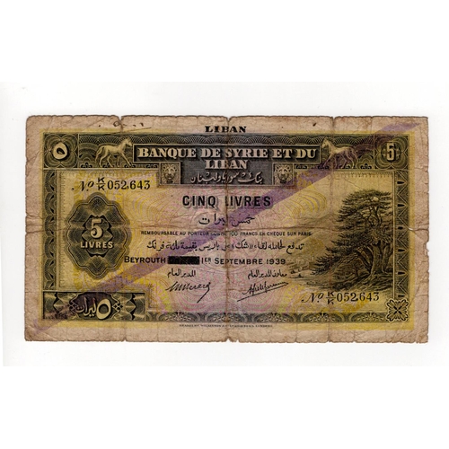 Lebanon 5 Livres dated 1st September 1939, a very rare genuine first ...