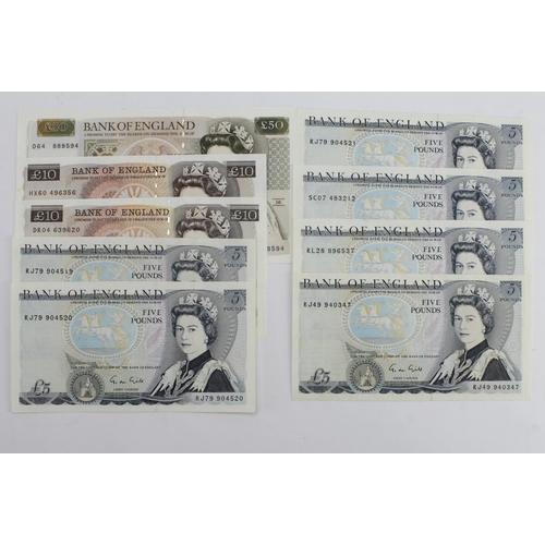 89 - Gill (9), 50 Pounds serial D64 888594 (B356) about Uncirculated, 10 Pounds (2) serial DR04 639620 & ... 