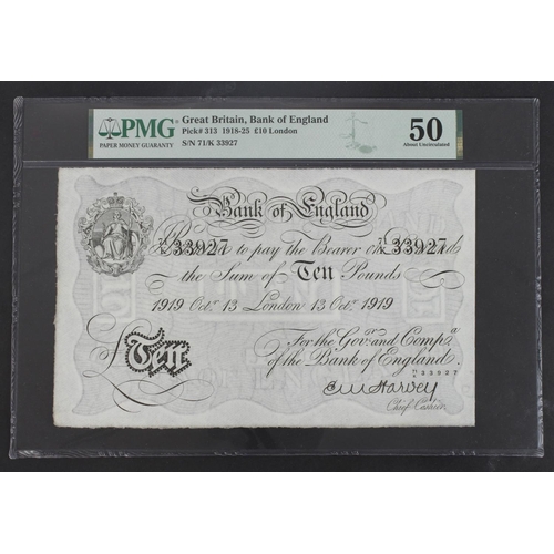 96 - Harvey 10 Pounds dated 13th October 1919, serial 71/K 33927, London issue (B209b, Pick313) in PMG ho... 