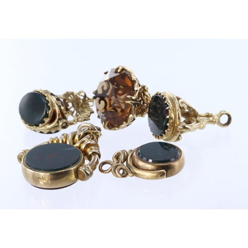 1047 - Five 9ct yellow gold stone set fobs, weight 29.1g