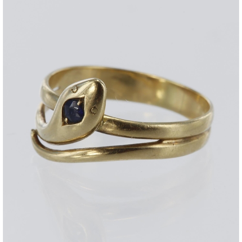 111 - Stamped 585 (Tests 14ct yellow gold) serpent ring set with one round sapphire diameter measuring 2mm... 