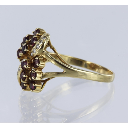 147 - Tests 14ct yellow gold cluster ring set with 13 rubies and 13 diamonds. Total diamond weight appox 0... 