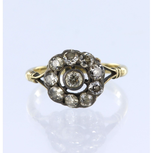 169 - 18ct yellow gold cluster ring featuring ten round old cut diamonds in a daisy style cluster with spl... 