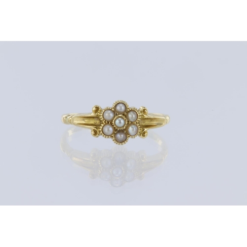 177 - 18ct yellow gold daisy cluster ring, set with seven seed pearls, hallmarked Birmingham 1910, finger ... 