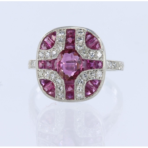 178 - White metal tests platinum ruby and diamond art deco style cluster ring, principle oval mix cut ruby... 