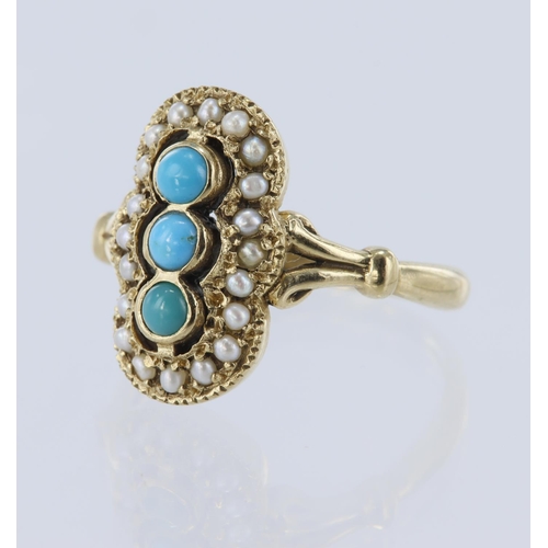 189 - 9ct yellow gold Art Deco style ring set with three round 3mm turquoise cabochons surrounded by seed ... 