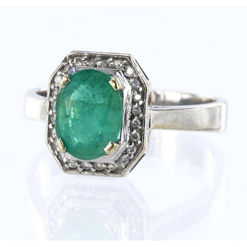 193 - White metal tests 14ct emerald and diamond cluster ring, oval cut emerald approx weight 1.51ct, high... 