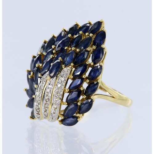 200 - Test 18ct yellow gold cluster ring, set with marquise sapphires, highlighted with diamond points. To... 