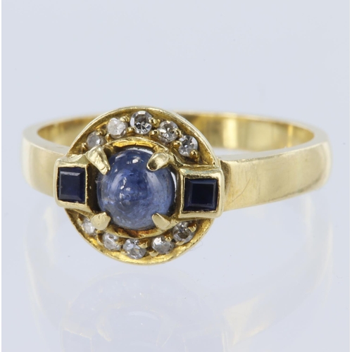 221 - Yellow metal test's 18ct mixed cut sapphire and diamond halo cluster ring, principle round cabochon ... 