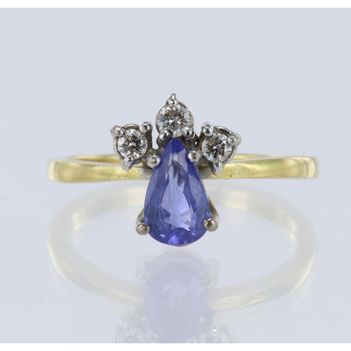 226 - 18ct yellow gold tanzanite and diamond ring, pear mix cut tanzanite measures 8mm x 5mm, set with thr... 