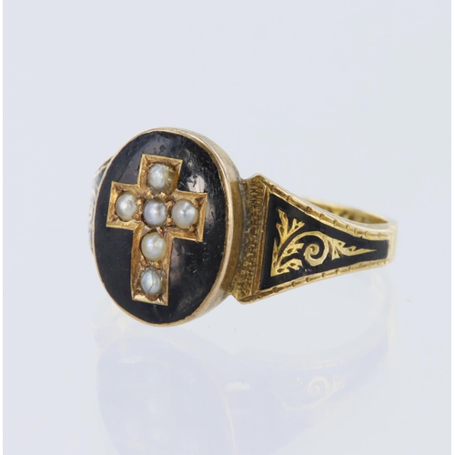 227 - 15ct Makers mark H&S, mourning ring, set with 6 seed pearls & black enamel. Oval table size measurin... 