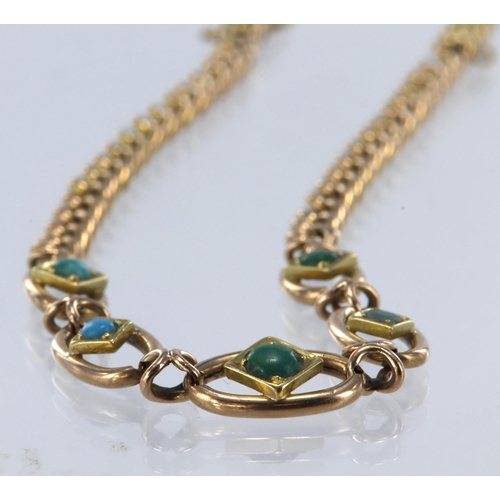 276 - 15ct yellow gold bracelet with five links set with a turquoise cabochon each, with box clasp, length... 