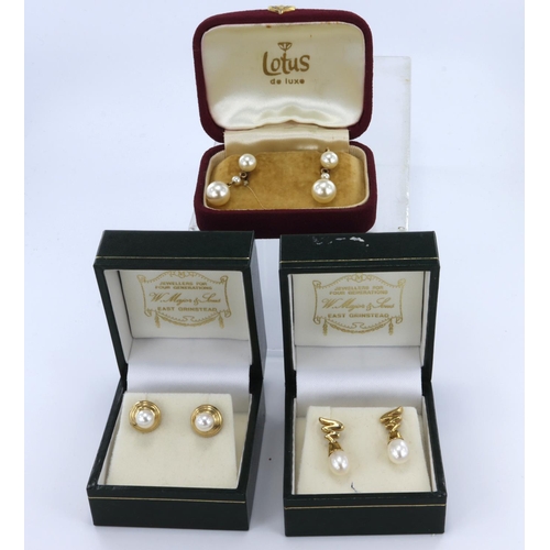 363 - Three pairs of eaarings to include 9ct yellow gold cultured pearl studs with bezel, pearl measured 6... 