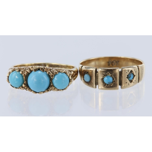 367 - Two turquoise rings to include 9ct yellow gold three stone turquoise gypsy ring in a star setting, h... 