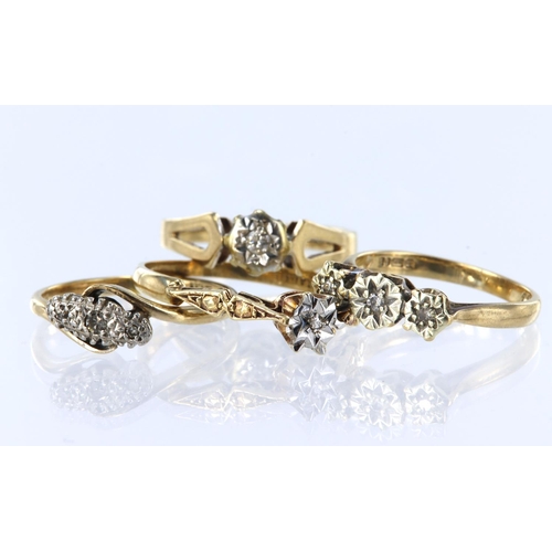 402 - Four diamond rings to include a 9ct yellow gold diamond set solitaire, finger size M/N. 9ct yellow g... 