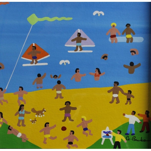 451 - Barker, Gordon (b. 1960) Acrylic on paper titled, 'Great day at the beach'. Signed lower right. Meas... 