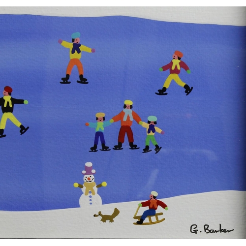 452 - Barker, Gordon (b. 1960) Acrylic on paper titled, 'Great fun at the frozen pond'. Signed lower right... 