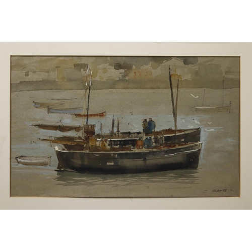 457 - Blake, Fredrich Donald (1908-1997) Ink and watercolour depicting boats in a harbour. Signed 'Blake' ... 