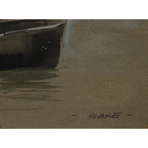 457 - Blake, Fredrich Donald (1908-1997) Ink and watercolour depicting boats in a harbour. Signed 'Blake' ... 