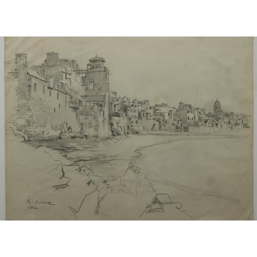 467 - Eadie, Robert (British 1877-1954) Pencil sketch depiciting a coastal town in a bay. Signed and dated... 