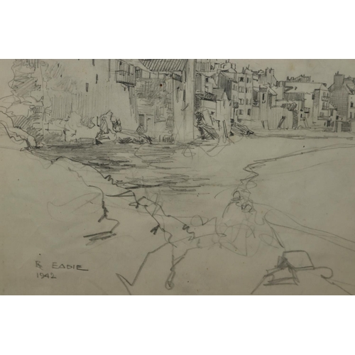 467 - Eadie, Robert (British 1877-1954) Pencil sketch depiciting a coastal town in a bay. Signed and dated... 