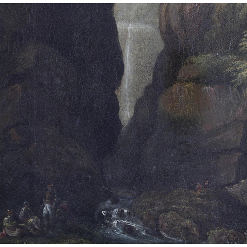 476 - Greek School. 19th century. Oil on board depiciting a group of bandits at the foot of a waterfall. A... 