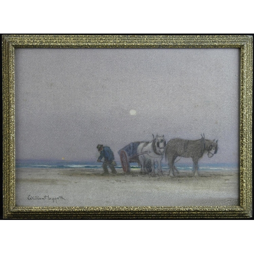 482 - Hoggatt, William (British 1880-1961) Pastel/goauche of a man with horses and cart, gathering seaweed... 